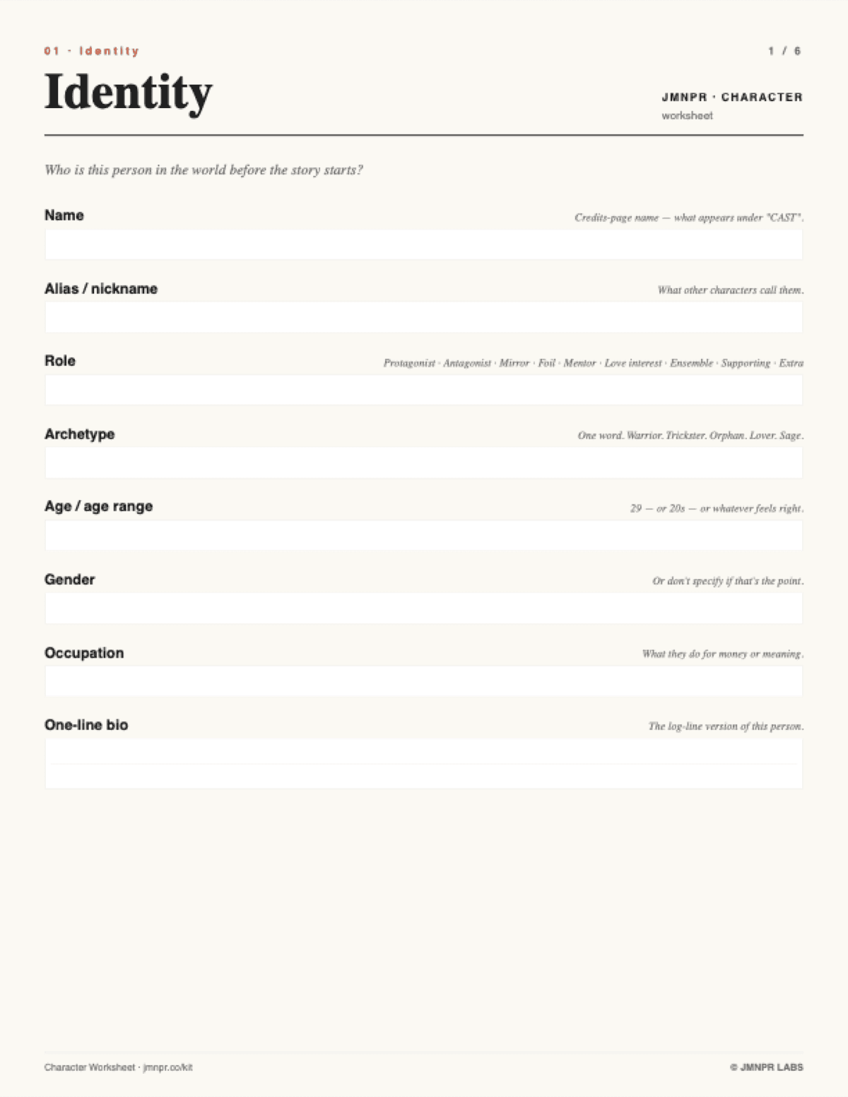 Character Worksheet page 1 — Identity