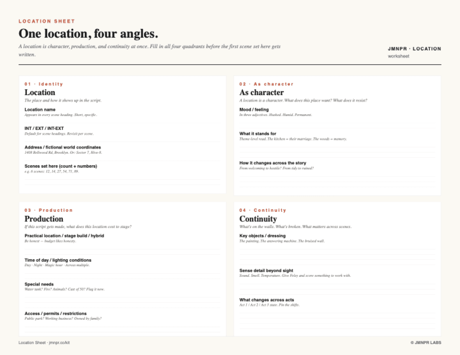 Location Sheet — four-quadrant landscape worksheet