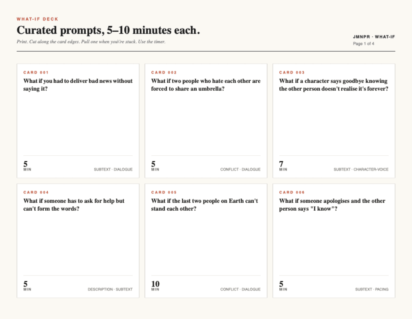 What-If prompt deck — cards and roulette drums